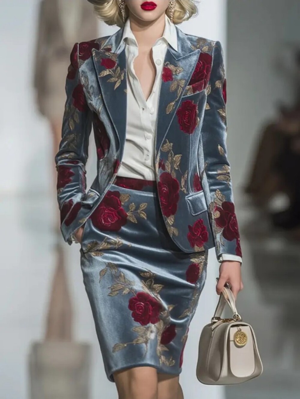 Print Design – No Texture, 2pcs Rose Flower Suit + Hip-Wrapped Skirt Set for Wom
